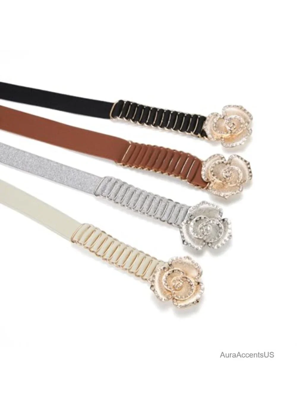 Skinny Elastic Stretch Belt with Rhinestone Buckle for Dresses
